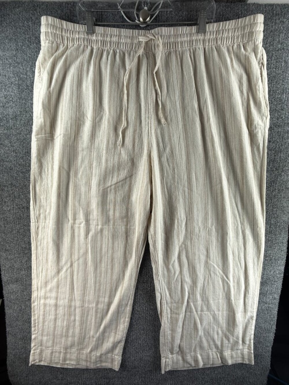 NWT Sonoma Linen Blend 2X Plus Pants Ivory Striped Drawstring Casual Straight